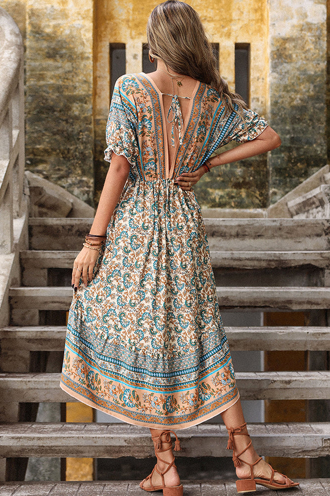 V Neck Floral High Low Dress