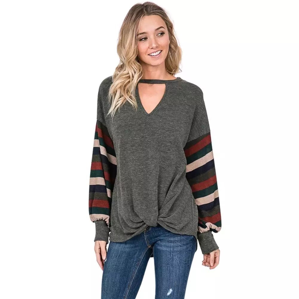 Choker Striped Tie Front Shirt