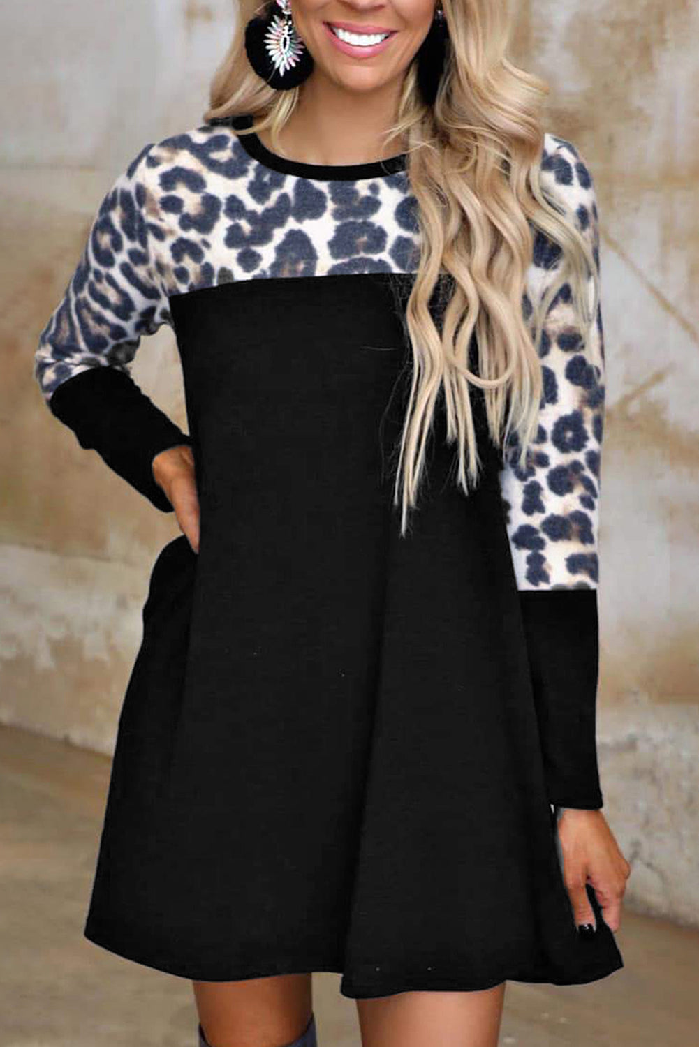 Leopard Color Block Long Sleeve Dress