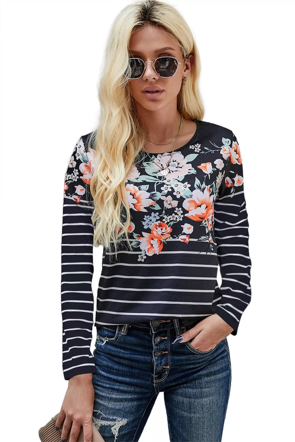Navy Floral Stripe Tee