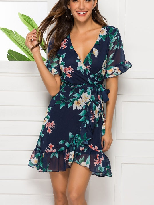 Flower Ruffles Wrap Dress