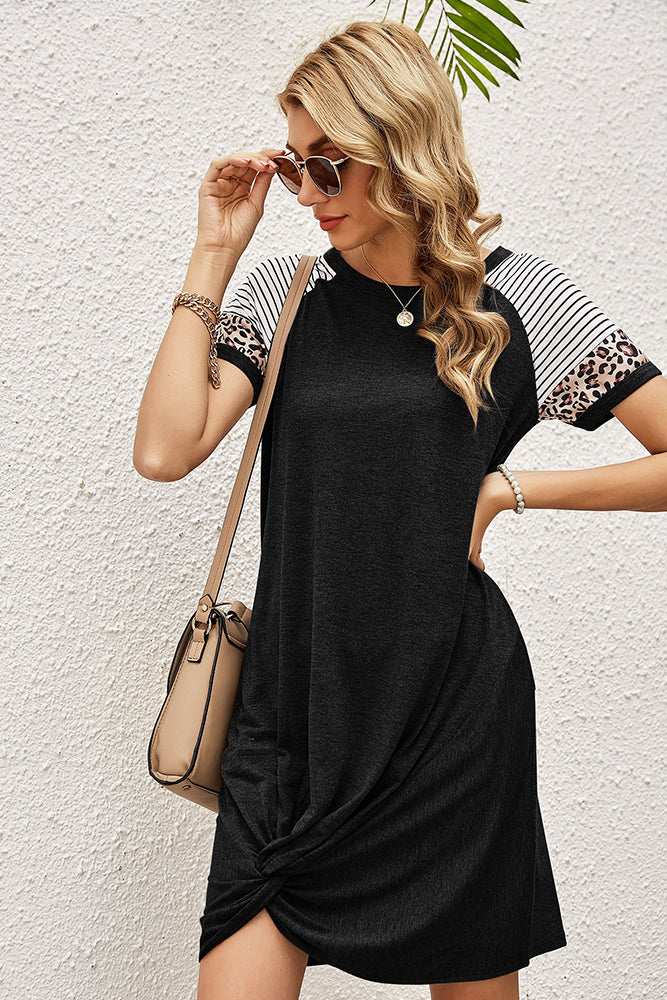 Stripe O Neck Leopard Dress (4 Colors)