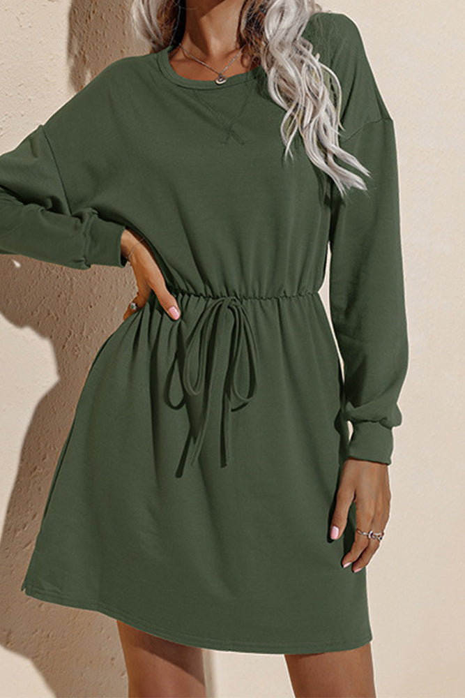 Drawstring O Neck Casual Dress (3 colors)