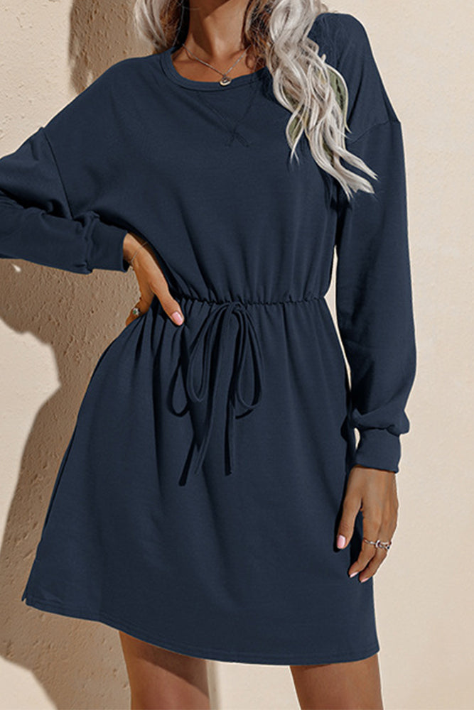 Drawstring O Neck Casual Dress (3 colors)