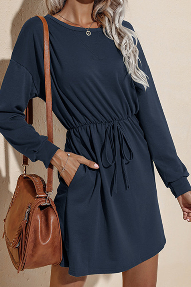 Drawstring O Neck Casual Dress (3 colors)