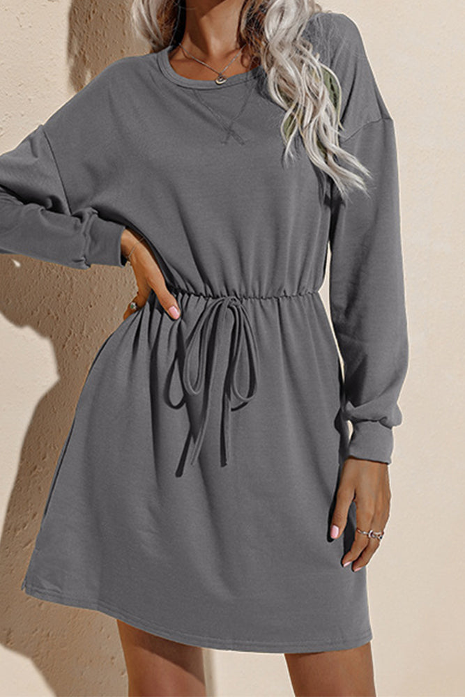 Drawstring O Neck Casual Dress (3 colors)