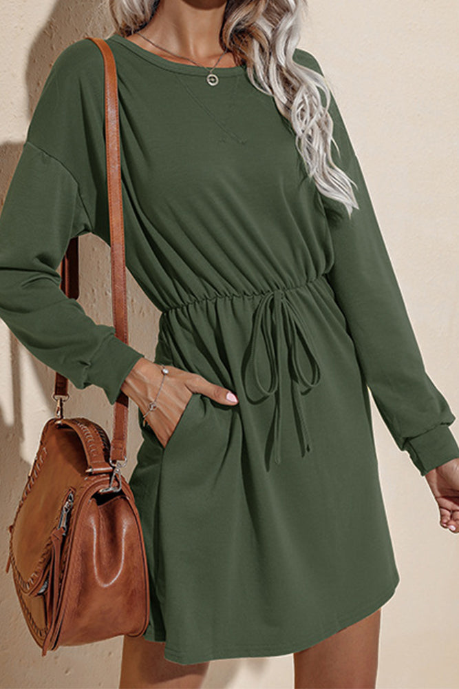 Drawstring O Neck Casual Dress (3 colors)