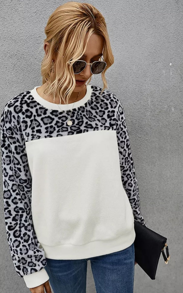 Leopard Fleece Color Block Top
