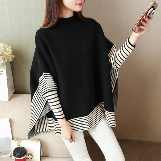Stripe Turtleneck Poncho With Sleeves