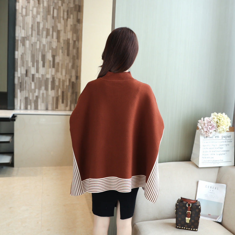 Stripe Turtleneck Poncho With Sleeves