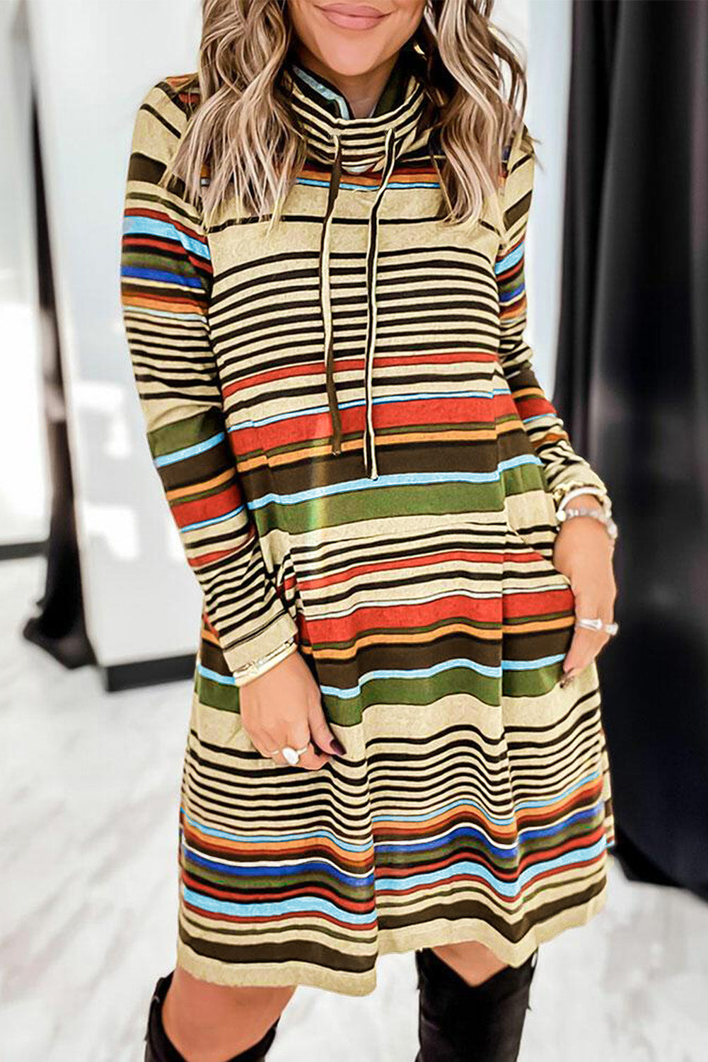 Cowl Neck Fall Stripe Dress