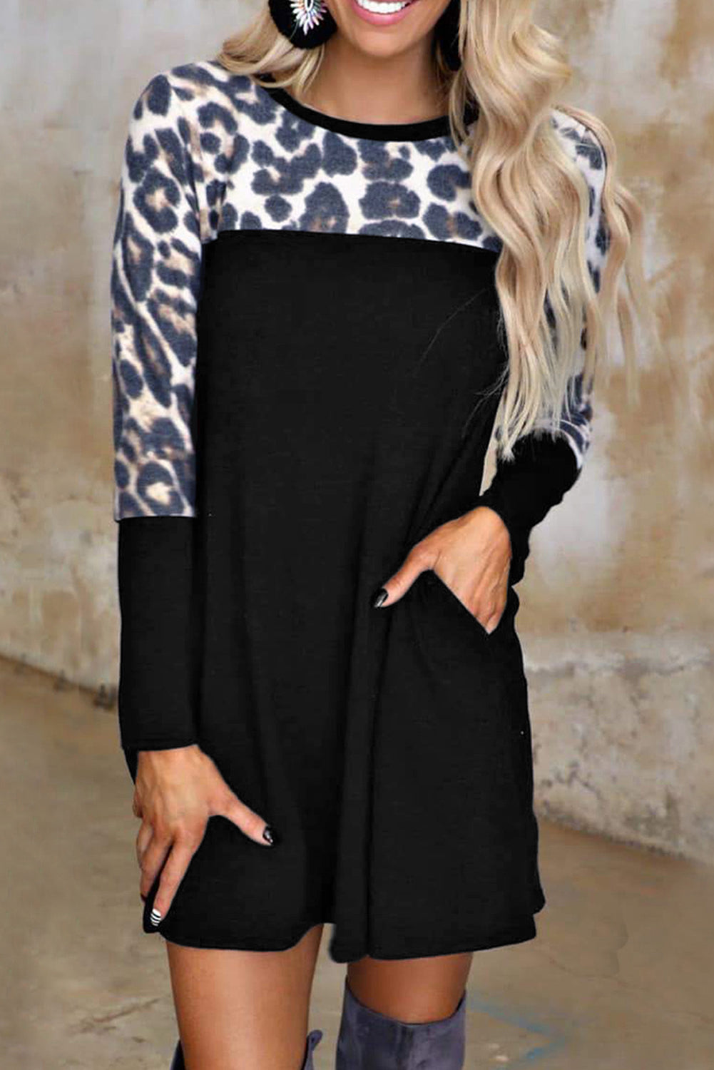 Leopard Color Block Long Sleeve Dress