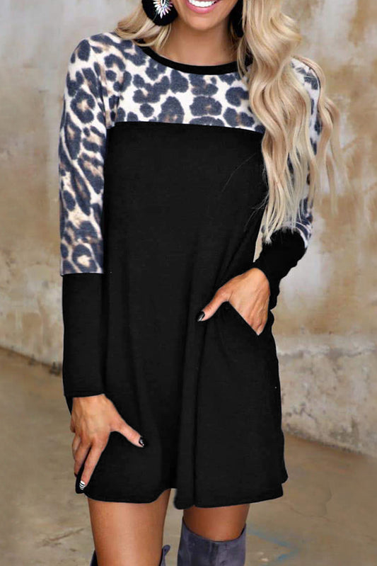 Leopard Color Block Long Sleeve Dress