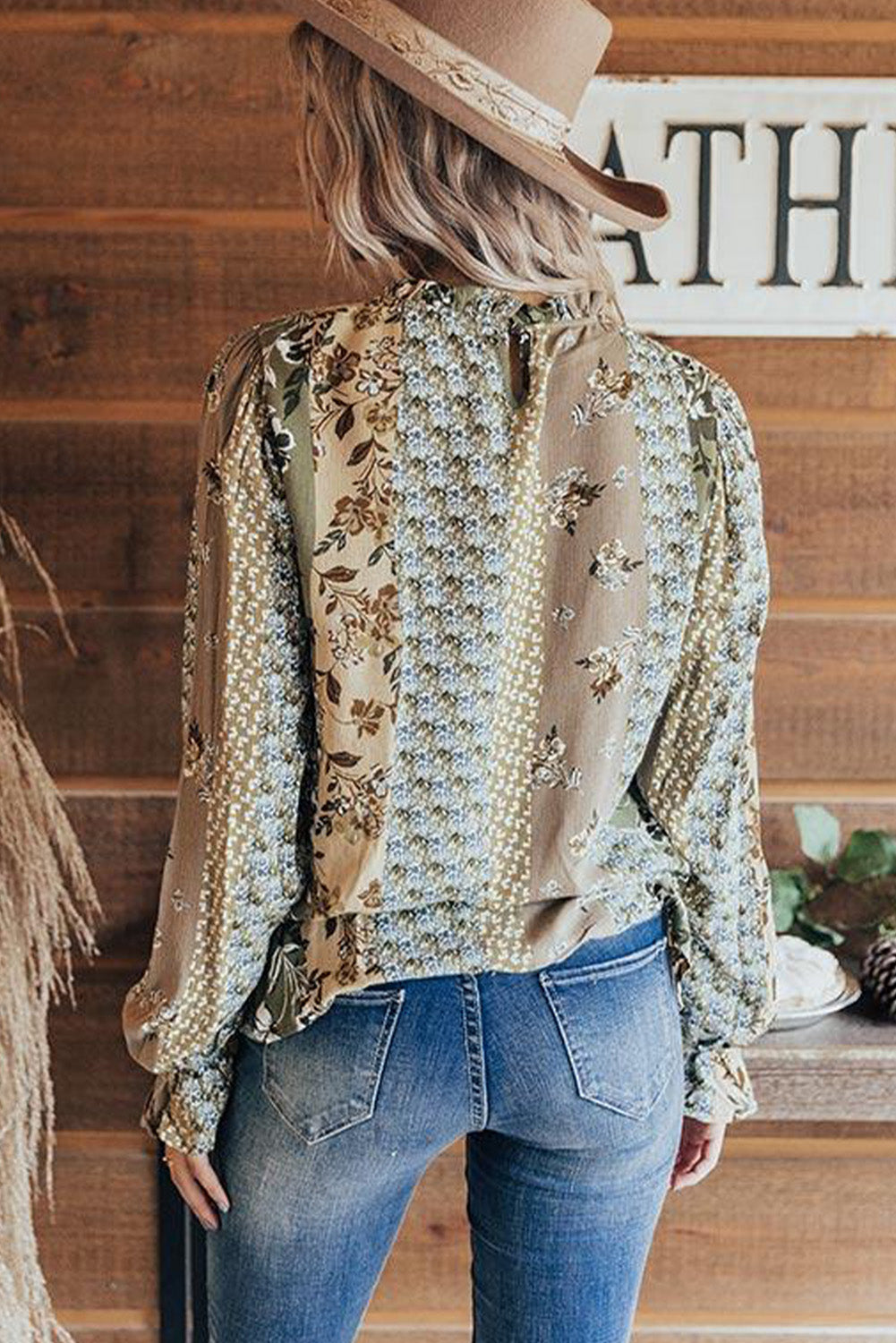 Floral Print Ruffle Cuff Blocked Blouse