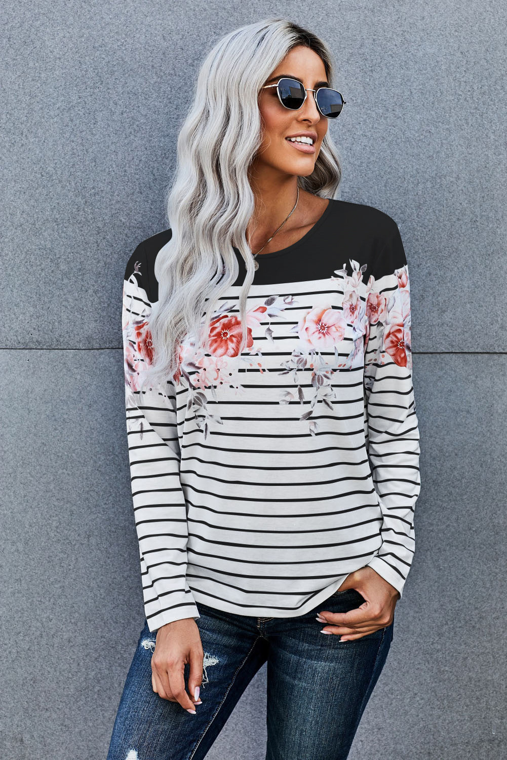 Black Floral Stripe Tee