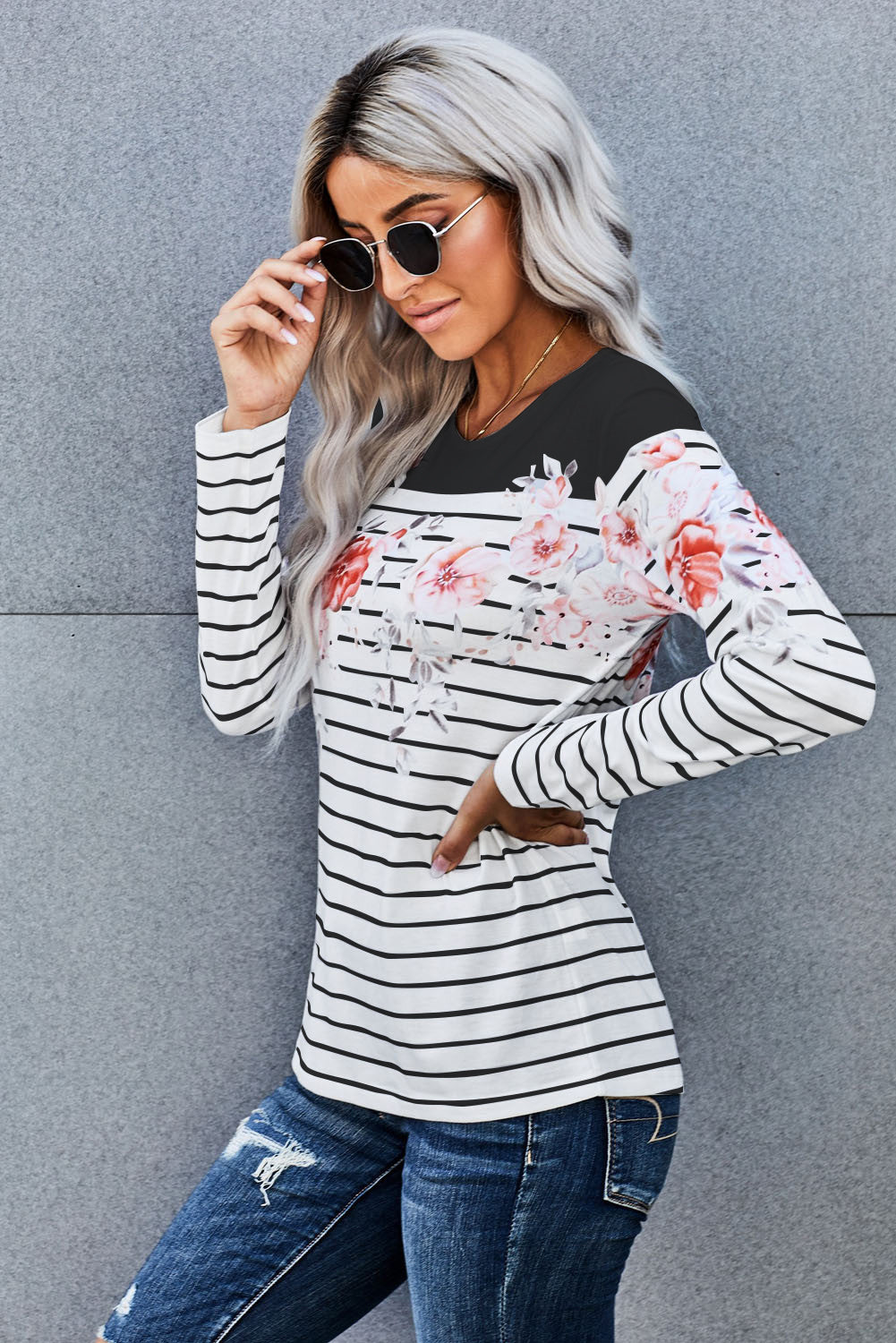 Black Floral Stripe Tee