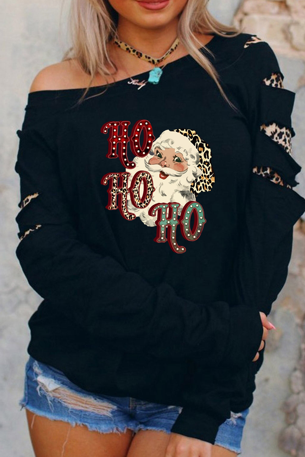 Ho Ho Ho Santa Leopard Cut Out Top