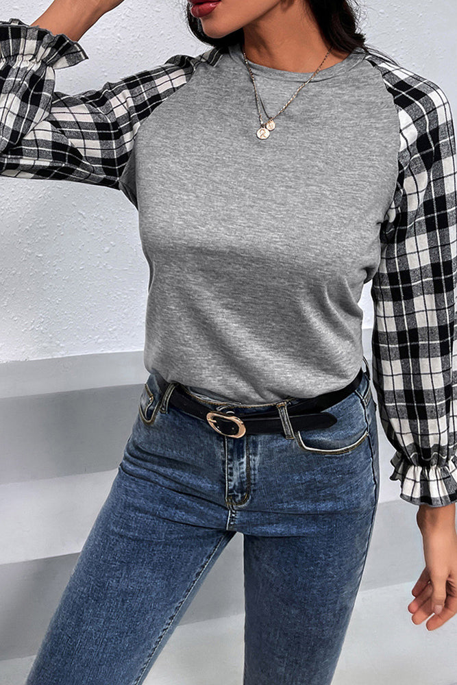 Plaid Long Sleeve Ruffle Cuff Top