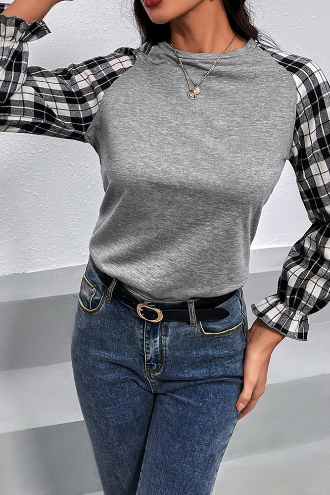 Plaid Long Sleeve Ruffle Cuff Top