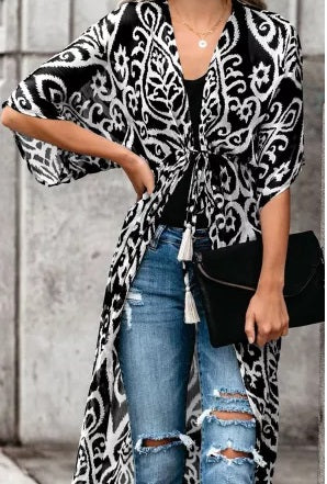 Black Pattern Duster Kimono