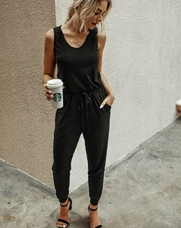 Sleeveless Drawcord Waist Jumpsuit - Two Colors