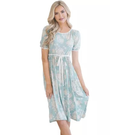 Mint Floral Print Bow Dress