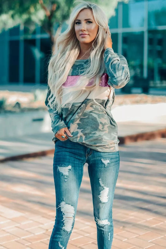 Camo Sequins Color Block Top