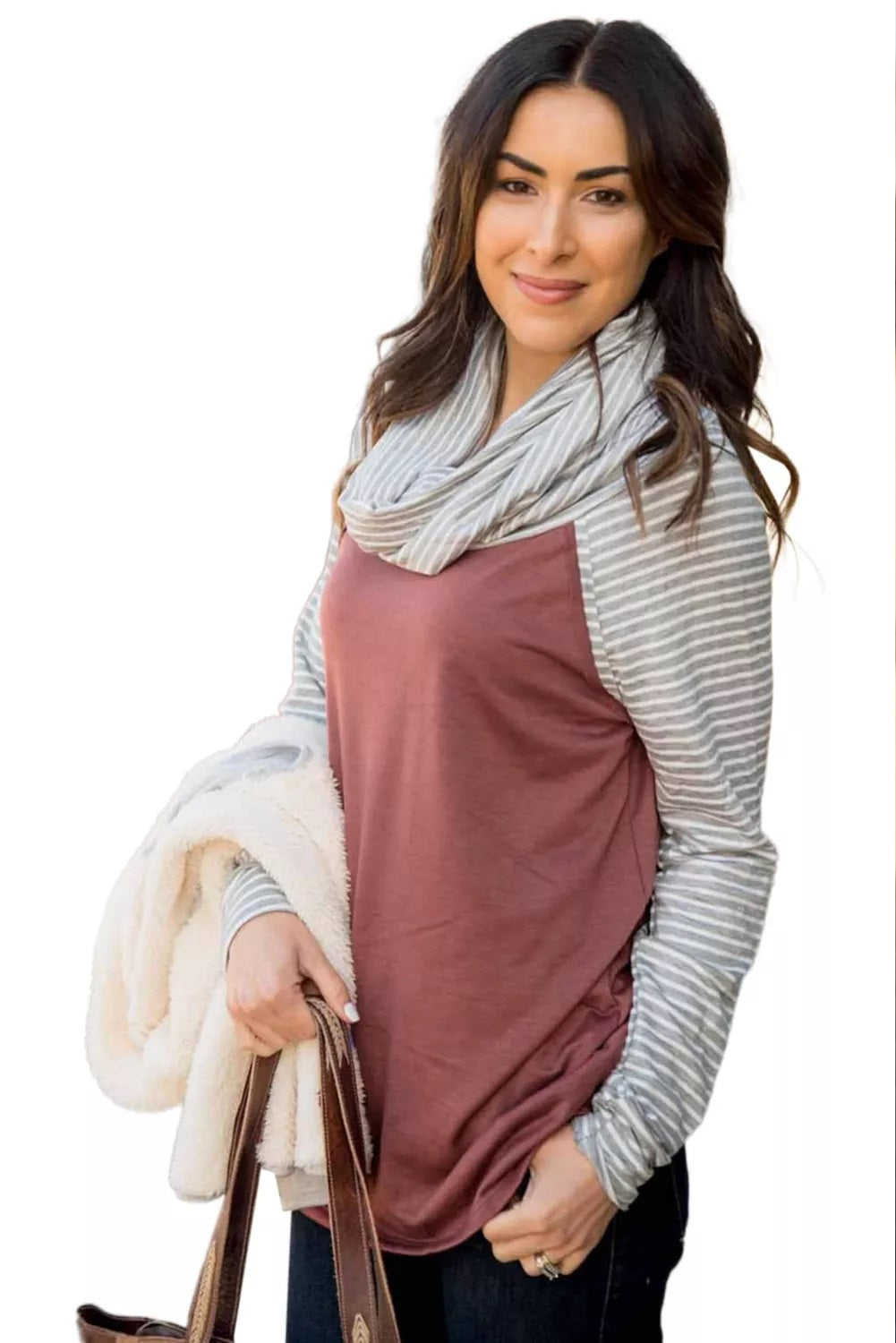 Cowl Neck Gray Striped Tee