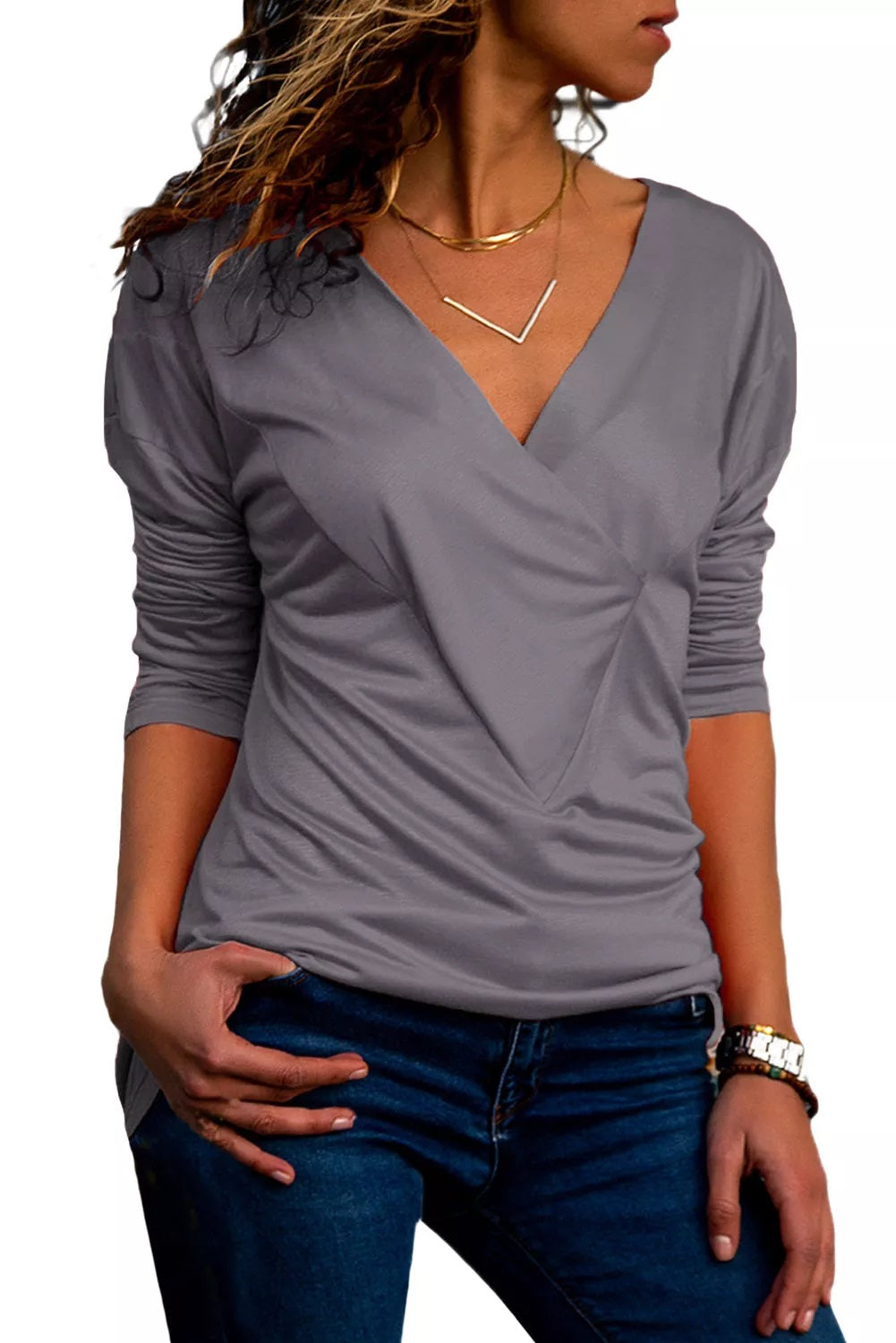 Gray Ruched V Neck Top