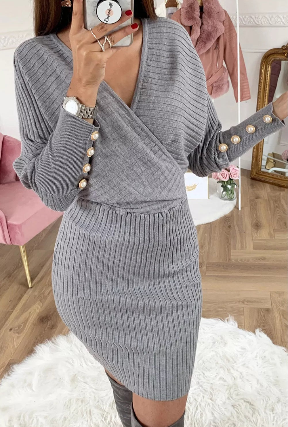 Button Sleeve Sweater Dress (3 Colors)