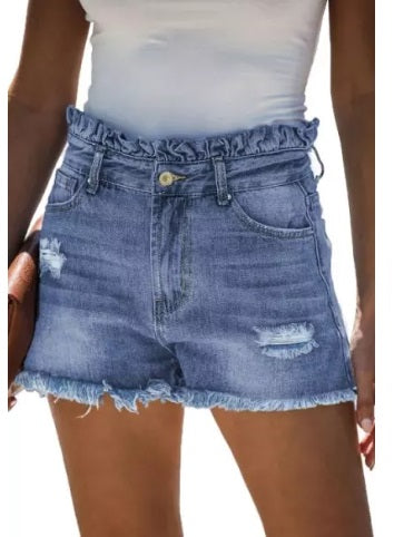 High Rise Ruffle Denim Shorts
