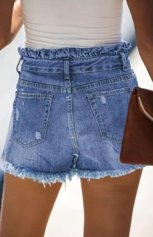 High Rise Ruffle Denim Shorts