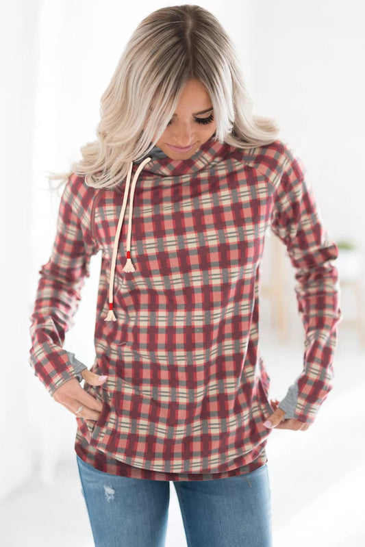 Cowl Neck Plaid Thumb Hole Hoodie
